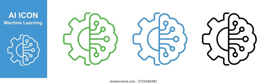 Aprendizaje automático AI Brain Gear Icon Set con líneas de circuitos digitales Vector de contorno