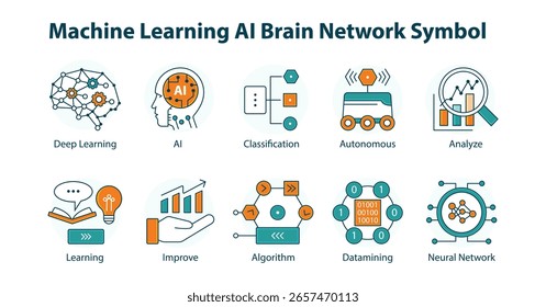 Machine Learning AI Brain Network Symbol – Modern Data Science Icon with editable stroke.