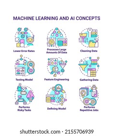 Symbole für maschinelles Lernen und AI-Konzept. Künstliche Intelligenz-Vorteile Ideen für dünne Farbillustrationen. Isolierte Symbole. Bearbeitbarer Strich. Verwendung von Roboter-Medium, Myriad Pro-Fett-Schriftarten