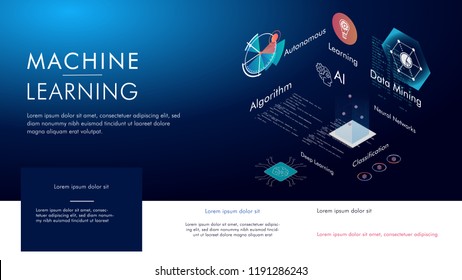 Machine learning, Ai, Data mining, algorithm, algorithm, neural network, deep learning and autonomous. isometric vector concept.