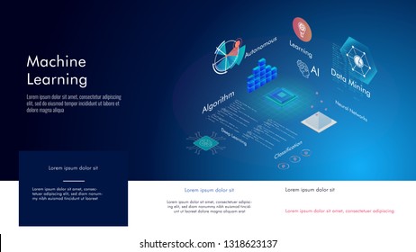 Machine learning, Ai, Data mining, algorithm, algorithm, neural network, deep learning and autonomous. isometric vector concept