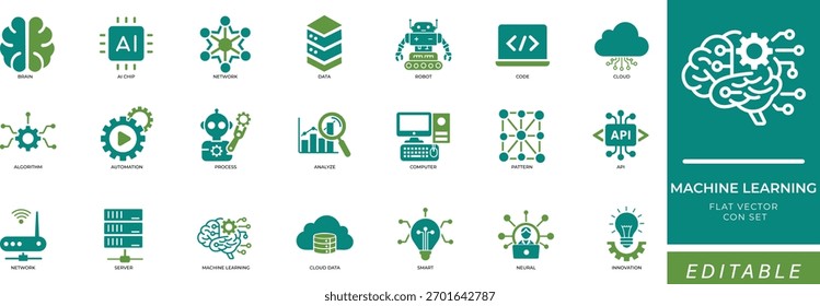 Machine learning, AI, data, neural network, automation flat vector icon set for technology, innovation, and digital analysis.