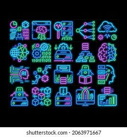 Machine Learning Ai neon light sign vector. Glowing bright icon  Artificial Intelligence And Algorithm Of Machine Learning, Robotic Solution And Education Illustrations
