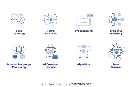 Aprendizaje automático y técnicas de IA iconos vectoriales con trazo editable