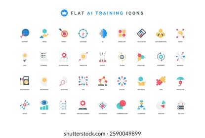 Machine learning, AI training, automatic data analysis and classification color icon set. Digital brain of robot and smart equipment, science model and algorithm flat elements vector illustration