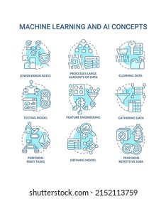 Machine learning and AI turquoise concept icons set. Artificial intelligence advantages idea thin line color illustrations. Isolated symbols. Editable stroke. Roboto-Medium, Myriad Pro-Bold fonts used