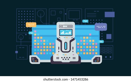 Machine learning, algorithm, artificial intelligence flat line vector banner with icons isolated on blue background