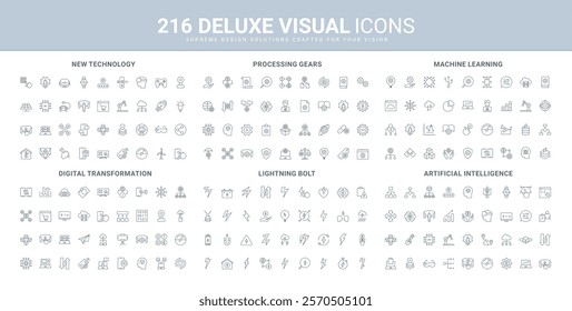 Machine learning algorithm, artificial intelligence technology, lightning bolt strike line icon set. Automatic process and gears, data structure thin black outline symbols vector illustration