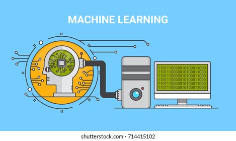 Machine Learning, Algorithm, Artificial Intelligence Flat Line Vector Banner With Icons Isolated On Blue Background