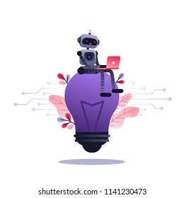 Machine learning algorithm concept with artificial neural network, deep learning. Robot with laptop sitting on big light bulb and flowers. Vector ultra violet concept illustration