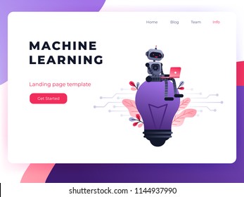 Machine learning algorithm concept with artificial neural network, deep learning. Robot with laptop sitting on big light bulb and flowers. Vector ultra violet landing page concept.