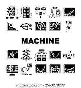 machine learning algorithm model icons set vector. data training, supervised unsupervised, neural deep, learning, regression machine learning algorithm model glyph pictogram Illustrations