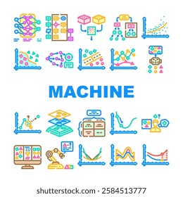 machine learning algorithm model icons set vector. data training, supervised unsupervised, neural deep, learning, regression machine learning algorithm model color line illustrations