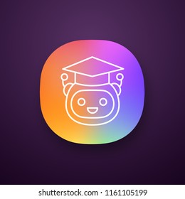 Machine learning app icon. Artificial intelligence. UI/UX user interface. Teacher bot. Graduated robot. Chatbot. Bot in graduation hat. Web or mobile application. Vector isolated illustration
