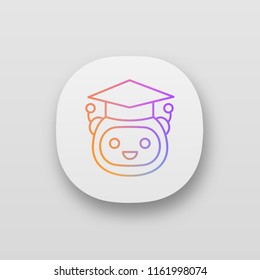 Machine learning app icon. Artificial intelligence. UI/UX user interface. Web or mobile application. Teacher bot. Graduated robot. Chatbot. Bot in graduation hat. Vector isolated illustration