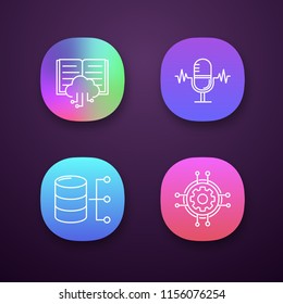 Machine learning app icons set. Voice recognition, cloud computing, relational database, digital settings. UI/UX user interface. Web or mobile applications. Vector isolated illustrations