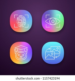 Machine learning app icons set. Fingerprint scanning, iris recognition, teacher bot, data transforming. UI/UX user interface. Web or mobile applications. Vector isolated illustrations