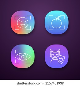 Machine learning app icons set. Facial recognition, object detection, retina scan, secured chatbot. UI/UX user interface. Web or mobile applications. Vector isolated illustrations