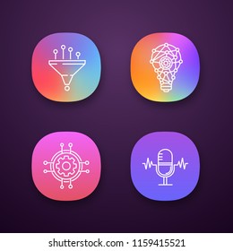 Machine learning app icons set. Data filtering, innovation process, digital settings, voice recognition. UI/UX user interface. Web or mobile applications. Vector isolated illustrations