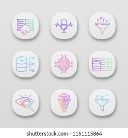 Machine learning app icons set. Artificial intelligence. Database. AI. Digital technology. UI/UX user interface. Web or mobile applications. Vector isolated illustrations