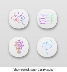 Machine learning app icons set. Retina scan, database, innovation process, data filtering. UI/UX user interface. Web or mobile applications. Vector isolated illustrations