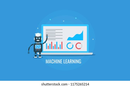 Machine learning, application, artificial intelligence flat design vector illustration isolated on blue background