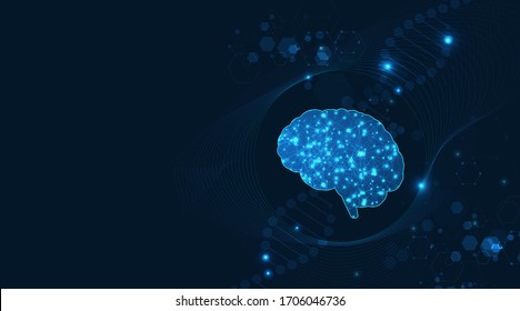 Machine learning, artificial intelligence, ai, deep learning blockchain neural network concept. Brain made with shining wireframe above multiple on digital background. Illustration vector.