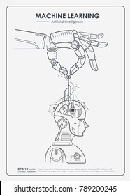 Conceito de aprendizado de máquina e inteligência artificial (IA). A mão robótica colocou big data digital, redes neurais e placa de circuito impresso (PCB) no cérebro da robótica. Projeto de contorno vetorial para cartaz.