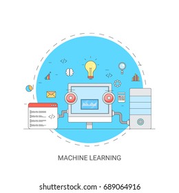 Machine learning, artificial intelligence, automation technology flat line vector illustration with icons