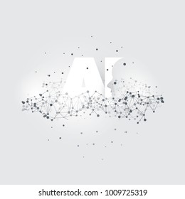 Machine Learning, inteligência artificial, computação em nuvem e conceito de design de redes com malha de rede geométrica e rótulo de IA