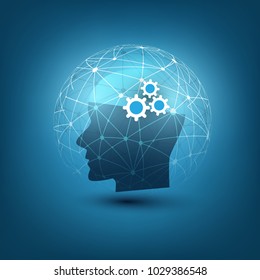 Machine Learning, Artificial Intelligence, Cloud Computing, Automated Support Assistance and Networks Design Concept with Wireframe Sphere and Human Head