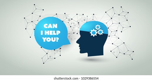 Machine Learning, Artificial Intelligence, Cloud Computing, Automated Support Assistance and Networks Design Concept with Wireframe, Speech Bubble and Human Head