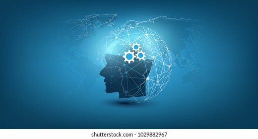 Machine Learning, Artificial Intelligence, Cloud Computing, Automated Support Assistance and Networks Design Concept with Wireframe Sphere and Human Head