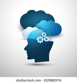 Machine Learning, Artificial Intelligence, Cloud Computing, Digital Support Assistance and Networks Design Concept with Clouds and Human Head