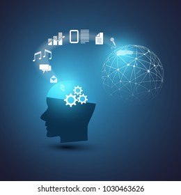 Machine Learning, Artificial Intelligence, Cloud Computing and Digital Networks Design Concept with Icons and Human Head - Information Processing