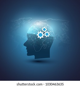 Machine Learning, Artificial Intelligence, Cloud Computing, Global Automated Support Assistance and Networks Design Concept with World Map and Human Head