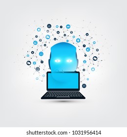 Machine Learning, Artificial Intelligence, Cloud Computing and Networks Design Concept with Icons, Laptop Computer and Robot Head