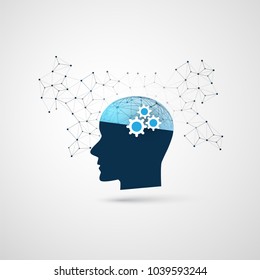 Machine Learning, Artificial Intelligence, Cloud Computing and Networks Design Concept with Network Mesh and Human Head