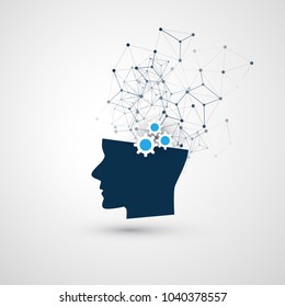 Machine Learning, Artificial Intelligence, Cloud Computing and Networks Design Concept with Network Mesh and Human Head