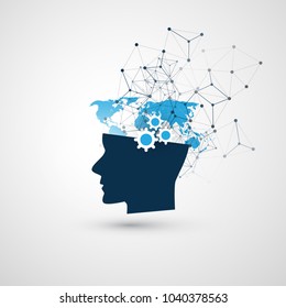 Machine Learning, Artificial Intelligence, Cloud Computing and Networks Design Concept with Network Mesh and Human Head