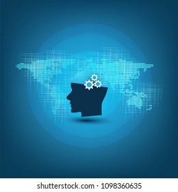 Maschinelles Lernen, künstliche Intelligenz, Cloud-Computing, automatisierte Support-Hilfe und Networks-Design-Konzept mit Weltkarte und menschlichem Leiter