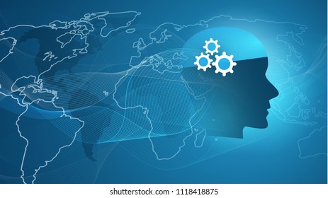Machine Learning, Artificial Intelligence, Cloud Computing, Automated Support Assistance and Networks Design Concept with World Map and Human Head