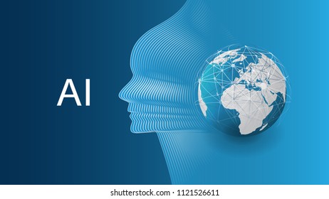 Machine Learning, Artificial Intelligence, Cloud Computing, Automated Support Assistance and Networks Design Concept with Earth Globe and Human Head