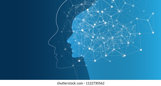 Machine Learning, Artificial Intelligence, Cloud Computing, Automated Support Assistance and Networks Design Concept with Wireframe and Human Head