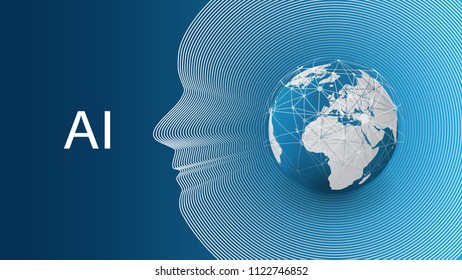 Machine Learning, Artificial Intelligence, Cloud Computing, Automated Support Assistance and Networks Design Concept with Earth Globe and Human Head