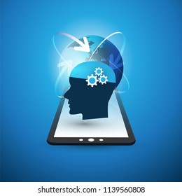 Machine Learning, Artificial Intelligence, Cloud Computing and Networks Design Concept with Digital Tablet and Human Head