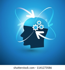 Machine Learning, Artificial Intelligence, Cloud Computing and Networks Design Concept with Arrows and Human Head