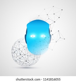 Machine Learning, Artificial Intelligence, Cloud Computing and Networks Design Concept with Transparent Geometric Mesh and Robot Head
