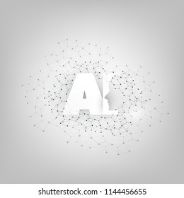 Machine Learning, Artificial Intelligence, Cloud Computing and Networks Design Concept with Geometric Network Mesh and AI Label