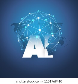 Machine Learning, inteligência artificial, computação em nuvem e conceito de design de redes com malha de rede geométrica e rótulo de IA